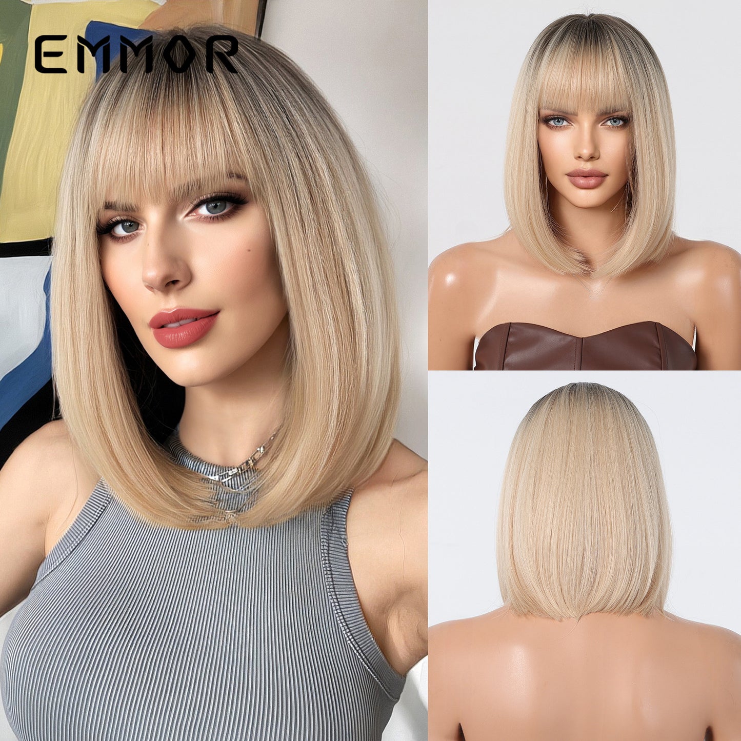 Summer Natural Breathable Bangs Golden Full Wig Short Straight Hair