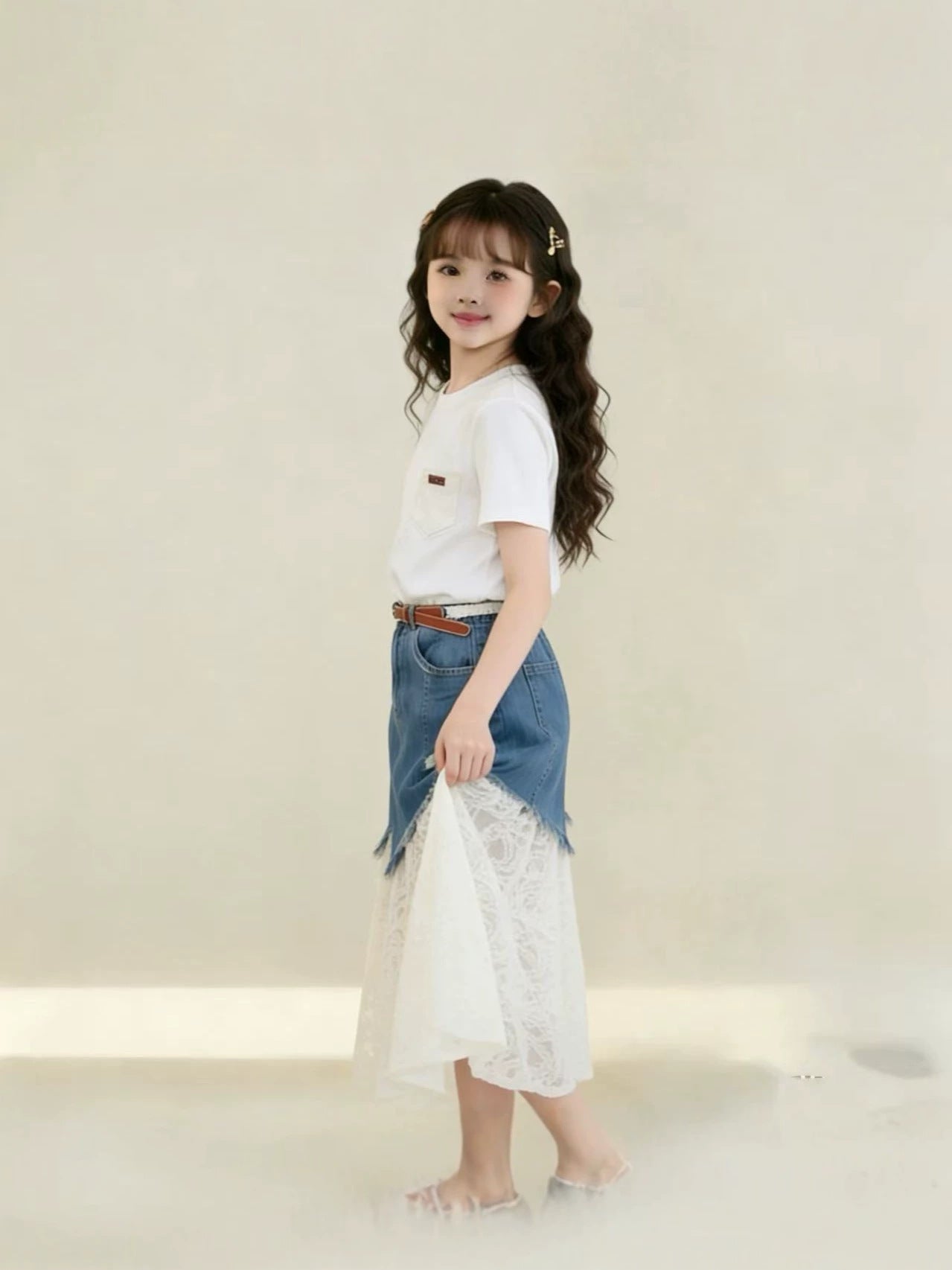 Children's Summer Short-sleeved Denim Lace Skirt Western Children's Suit