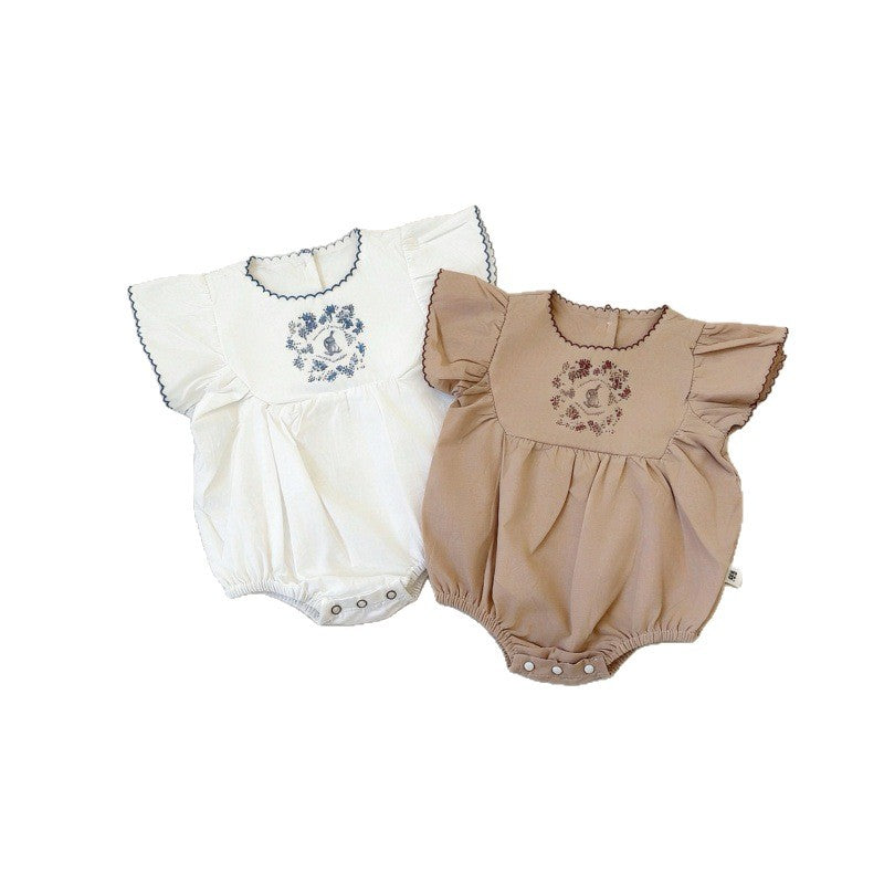 Summer Thin Cotton Embroidery Puff Short Sleeve One-piece Jumpsuit, Climbing Suit