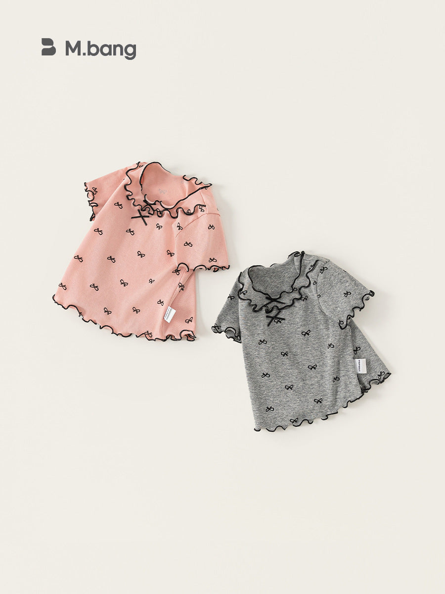 Children's Clothing Korean Style Bow Clothes Summer Shirt Lacework Short Children's T-shirt