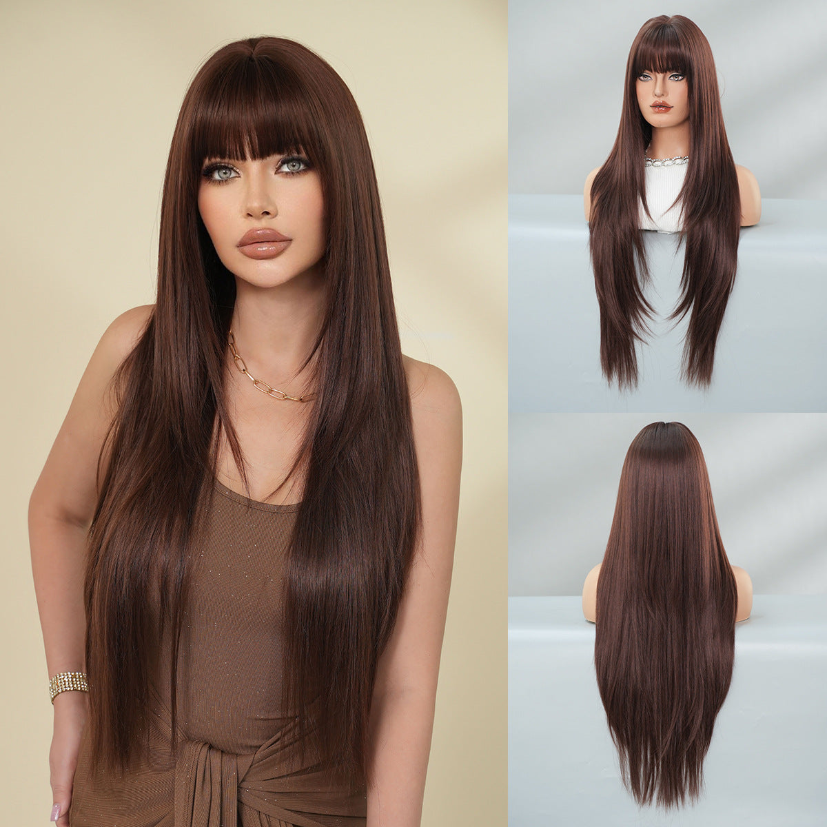 Black Full Top Bangs High Quality Chemical Long Straight Wig