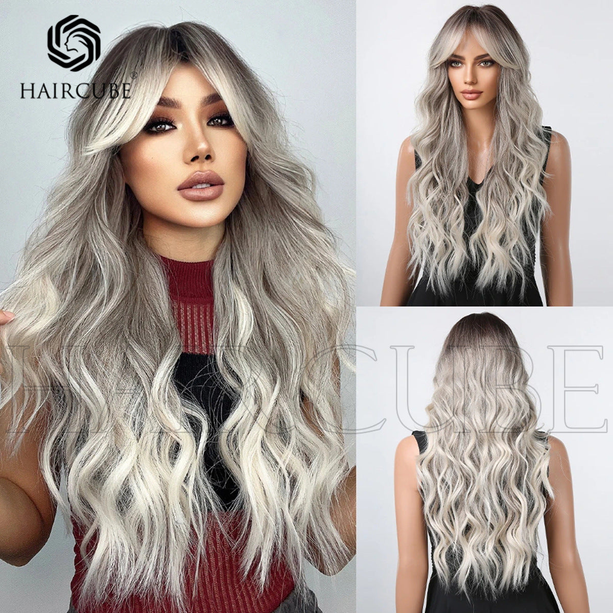 Dark Brown White Gold Color Highlight Wig Long Curls