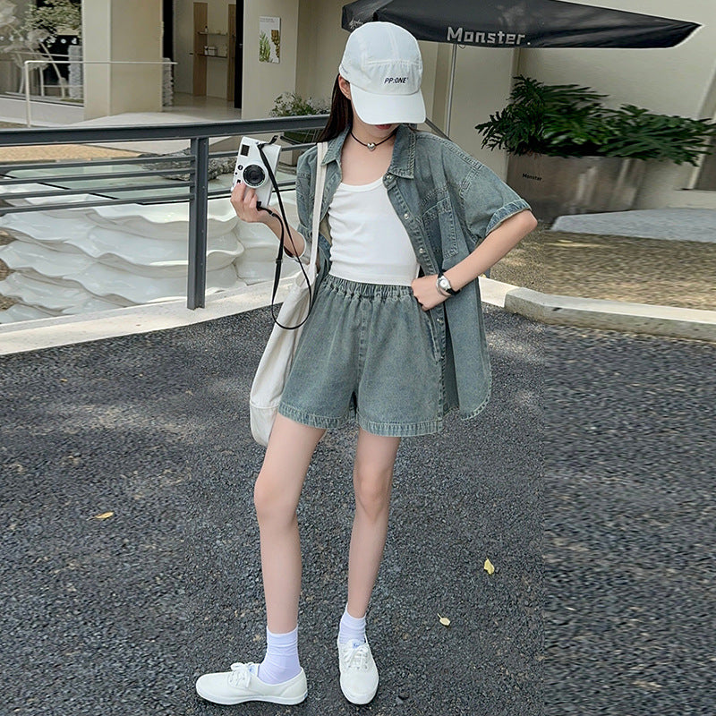 Children's Thin Do The Old Cowboy Short-sleeved Shorts Medium Big Denim Children's Suit