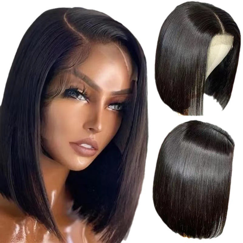 Medium Black Wave Head Cover Front Wig Short Straight Hair