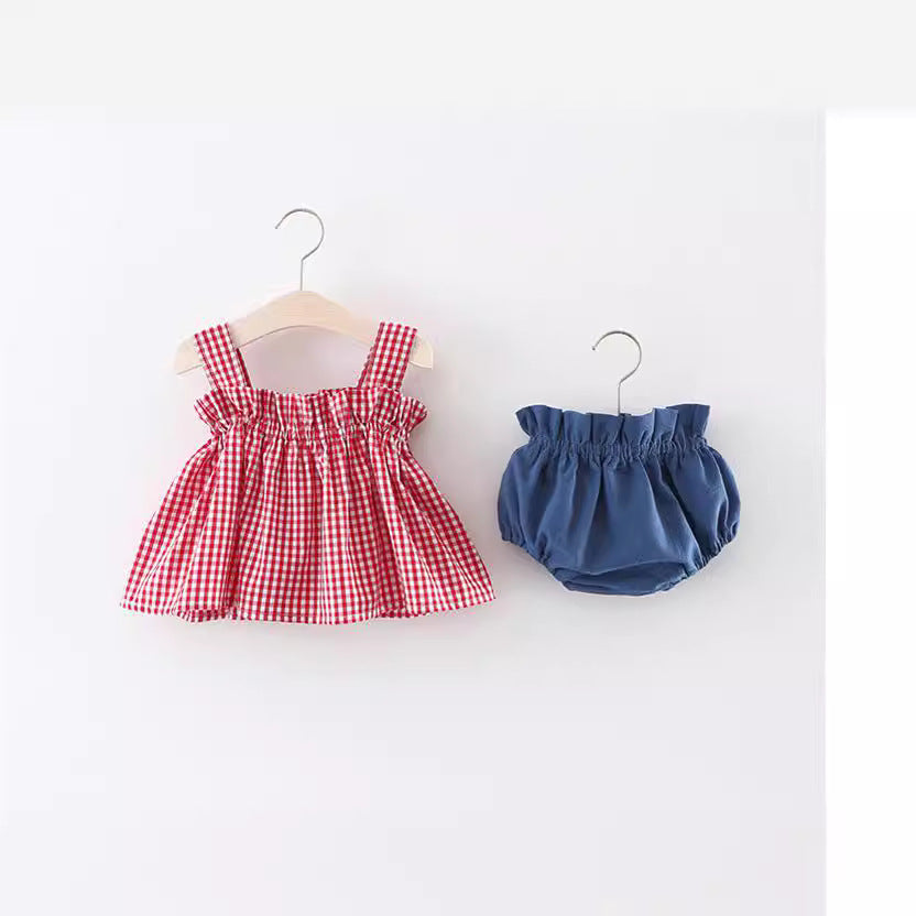 Summer Plaid Suspenders Butt Clothes Trendy Children's Suit