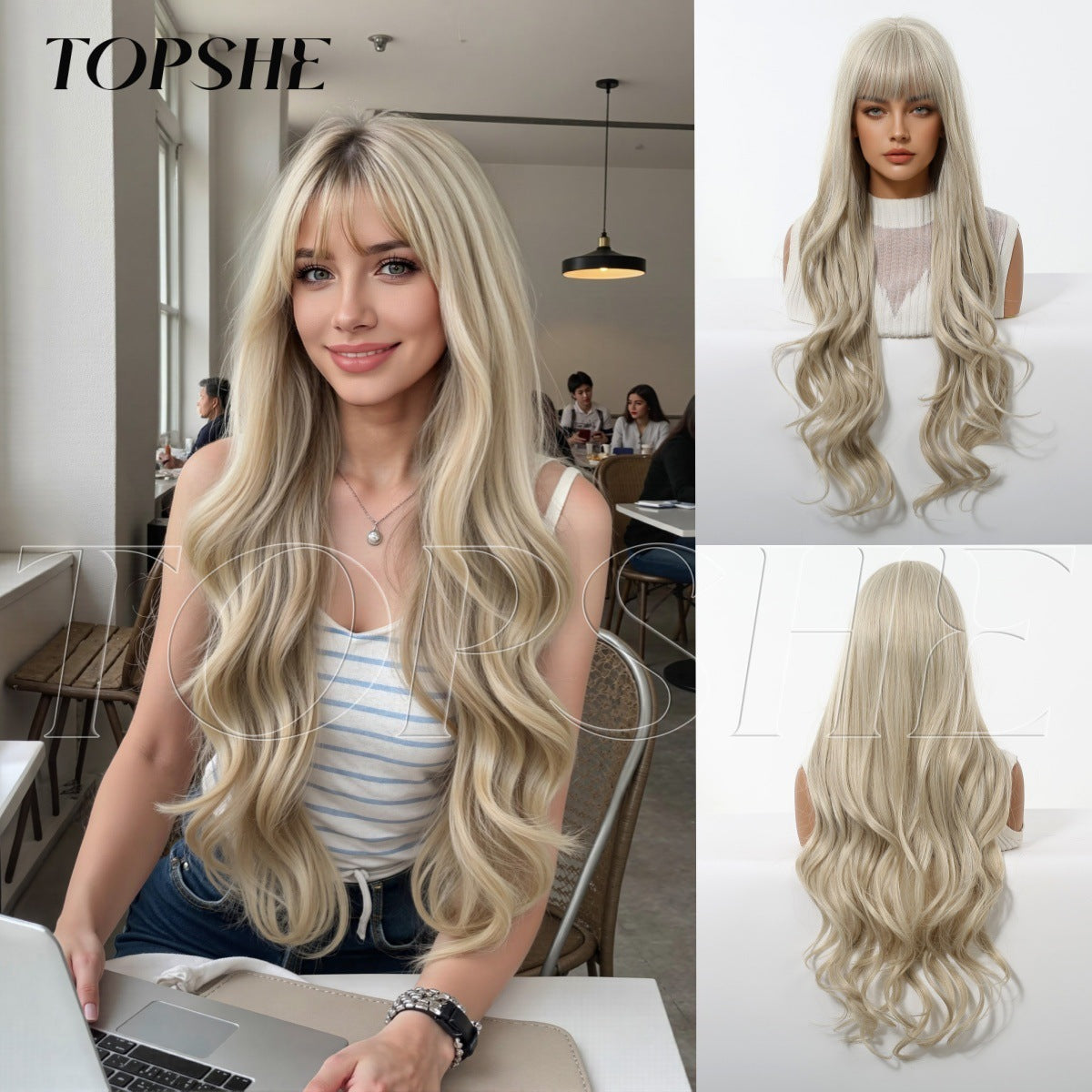 Dyed Brown Straight Bangs Big Wave Curly Wig Long Curls