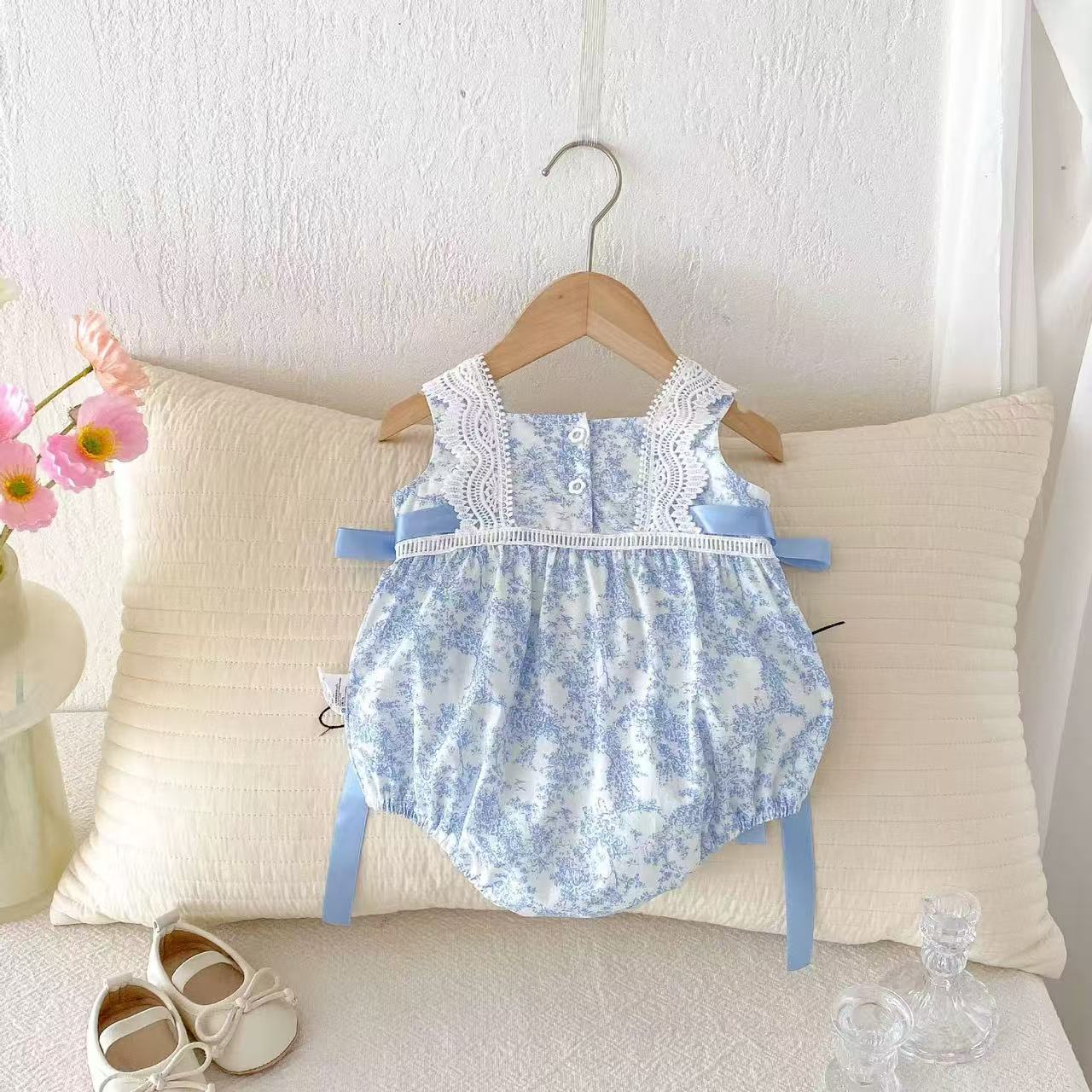 Infant Summer One-piece Western Style Lace Bow Bandage Ink Jumpsuit, Climbing Suit
