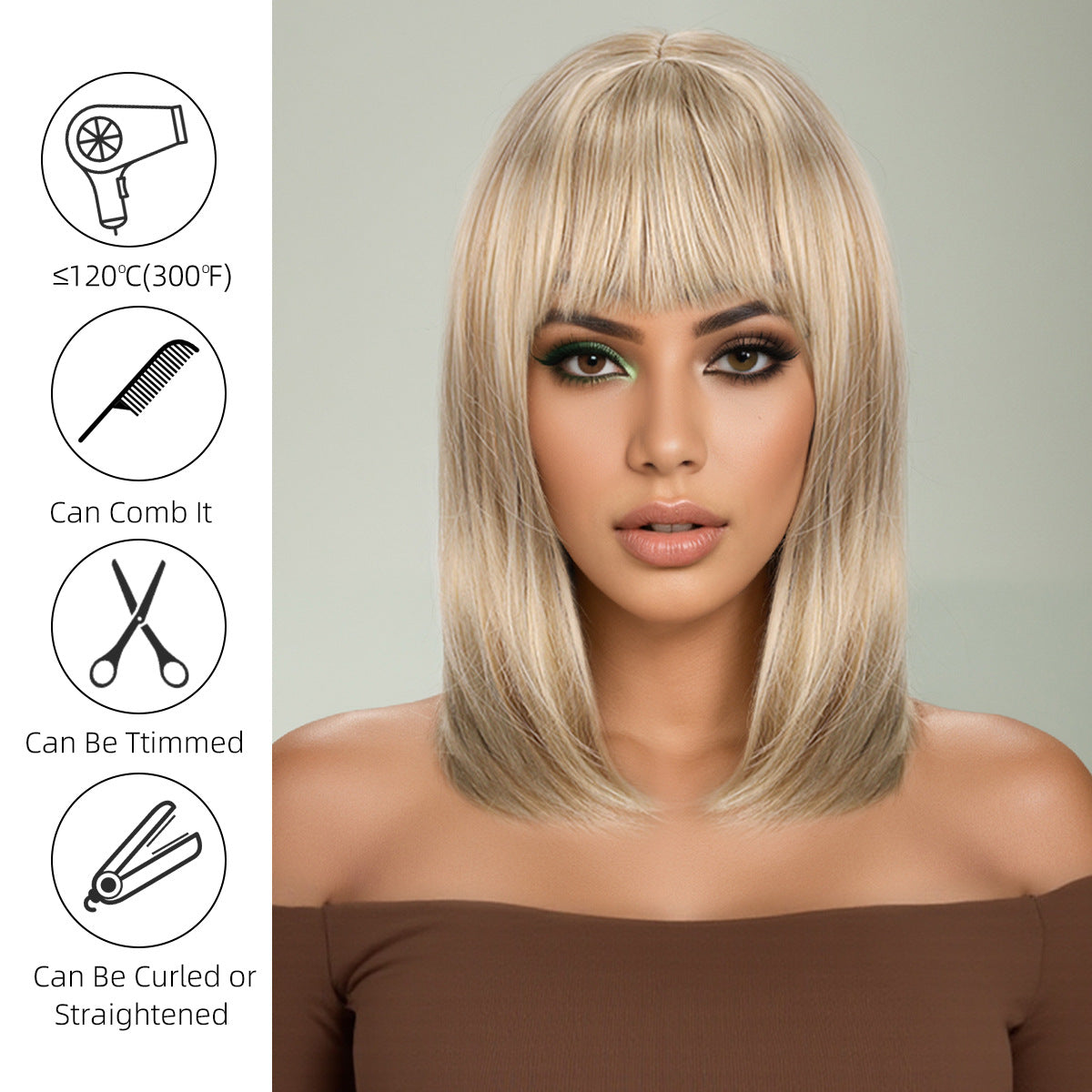 Bangs Golden Medium Long Chemical Fiber African Wig Short Straight Hair
