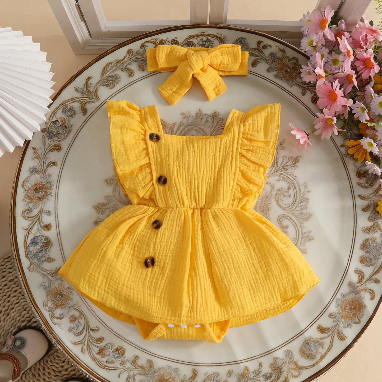 Sleeve Square Collar Crepe Chine Fabric Hair Band Sweet Triangle Children's Dress