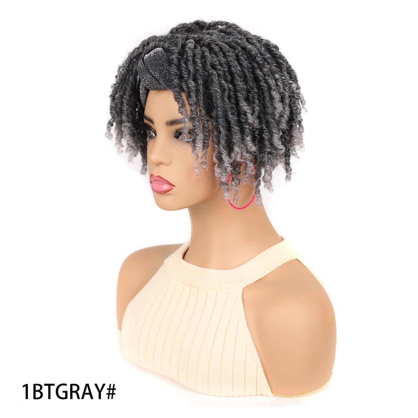 Turban Head Cover Black Sier Sleeve Curved Wig Short Curly Hair