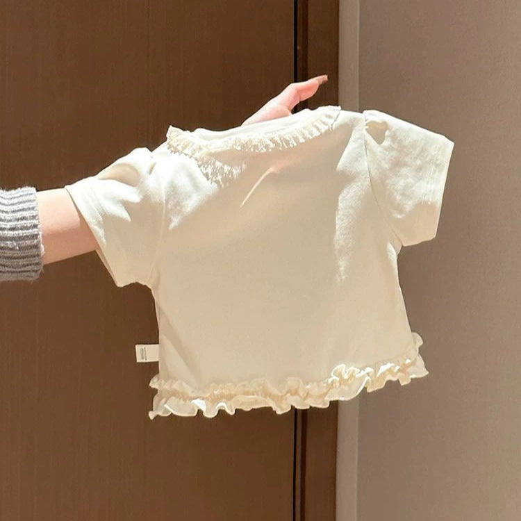 Women's Sweet Cute Cartoon Printed White Short-sleeved Ruffled Wooden Ear Children's T-shirt