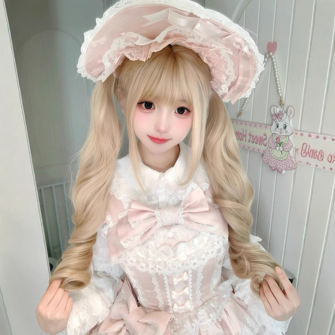 Natural Double Ponytail Straight Bangs Roman Wig Long Curls