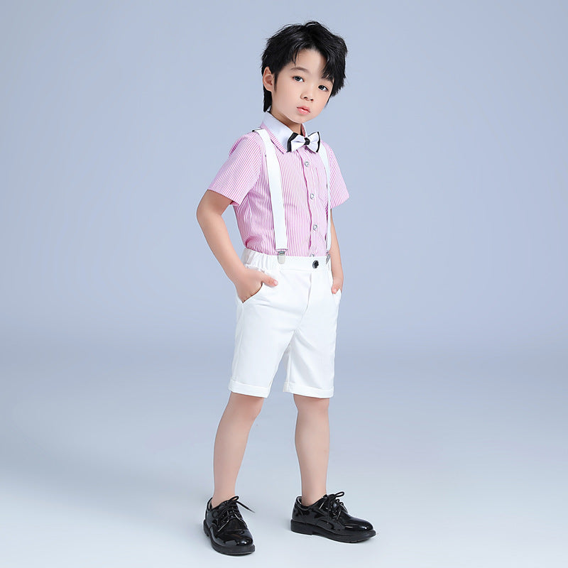 Children's Spring Boy's Korean Style Striped Short-sleeved Suspender Pants Piano Host Children's Suit