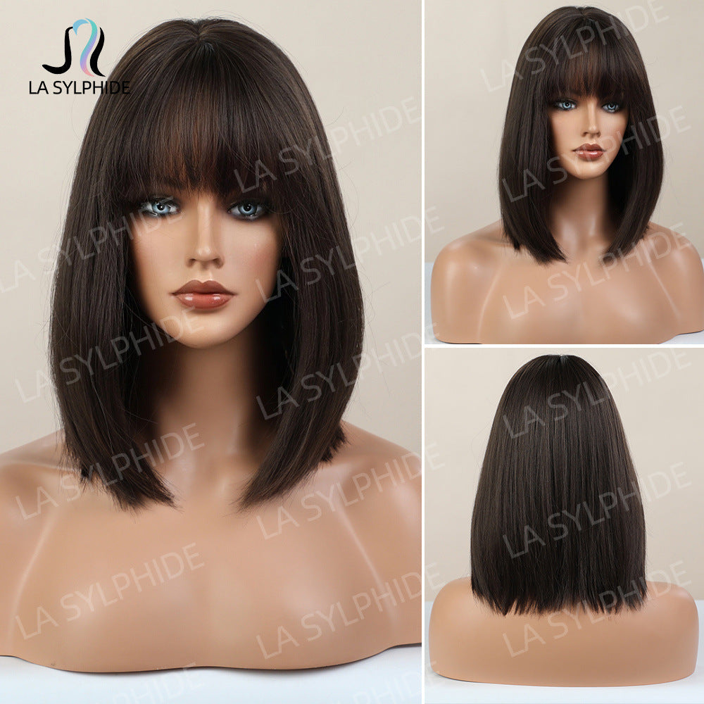 Black Female Bangs Head Brown Chemical Fiber Woven Long Straight Wig