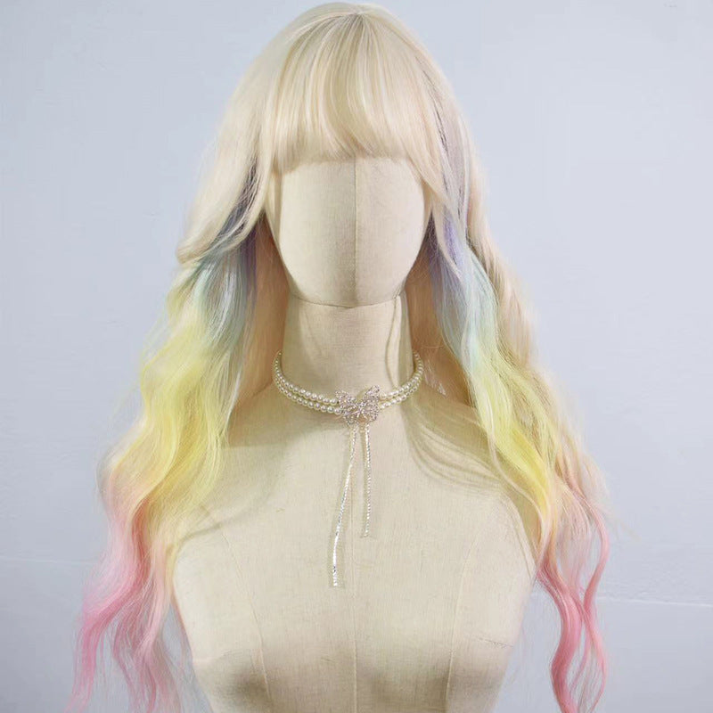 Women's Rainbow White Pony Hair Cover Curly Artificial Human Dyed Temperament Wig Long Curls