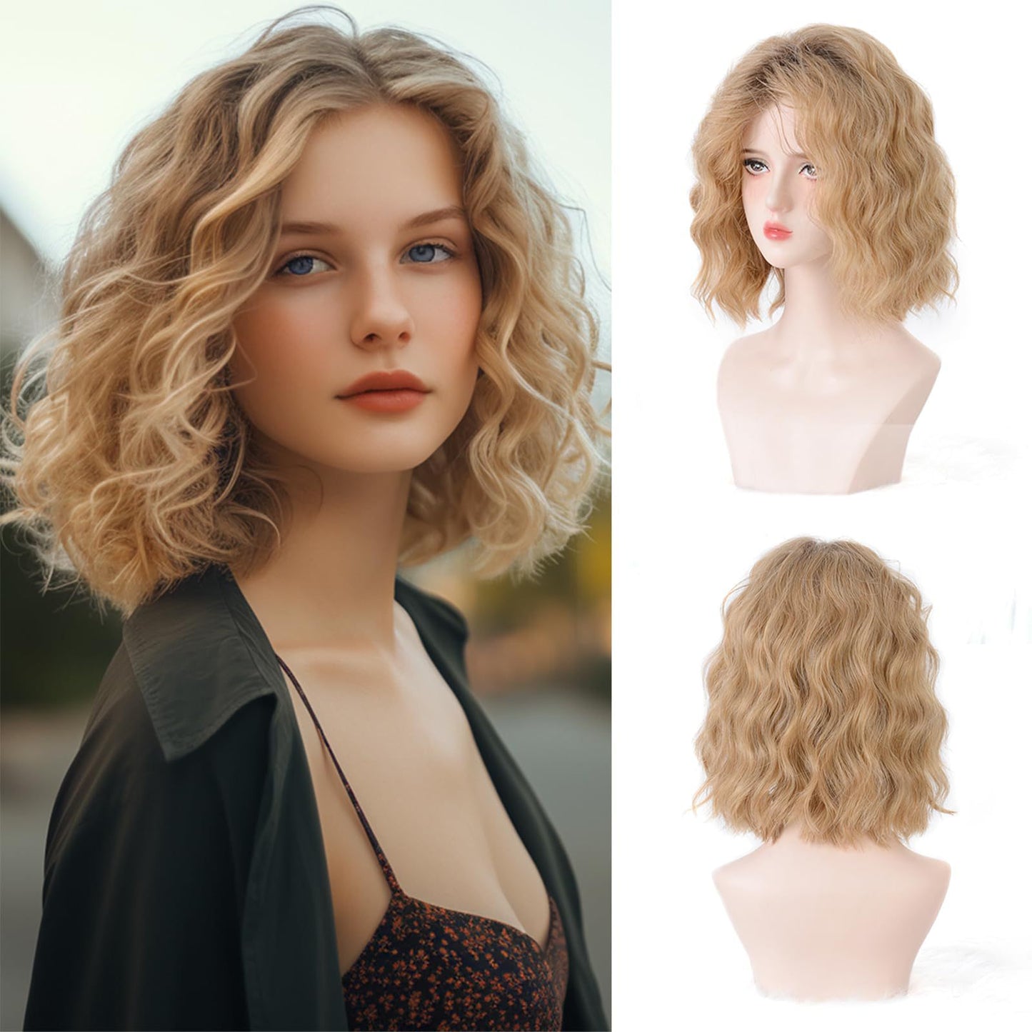 Women's Fashion Water Ripple Gradient Gold Split Wig Short Curly Hair