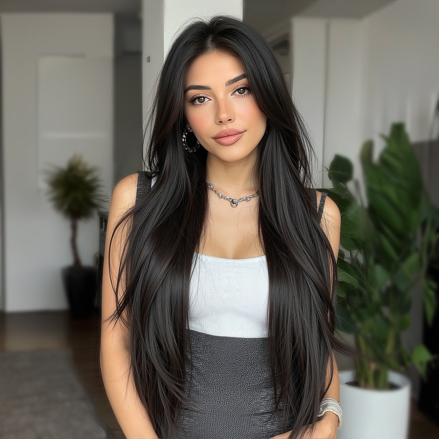 Women's Korean Hair Lace Domestic Silk White Mid-point Black Long Straight Wig