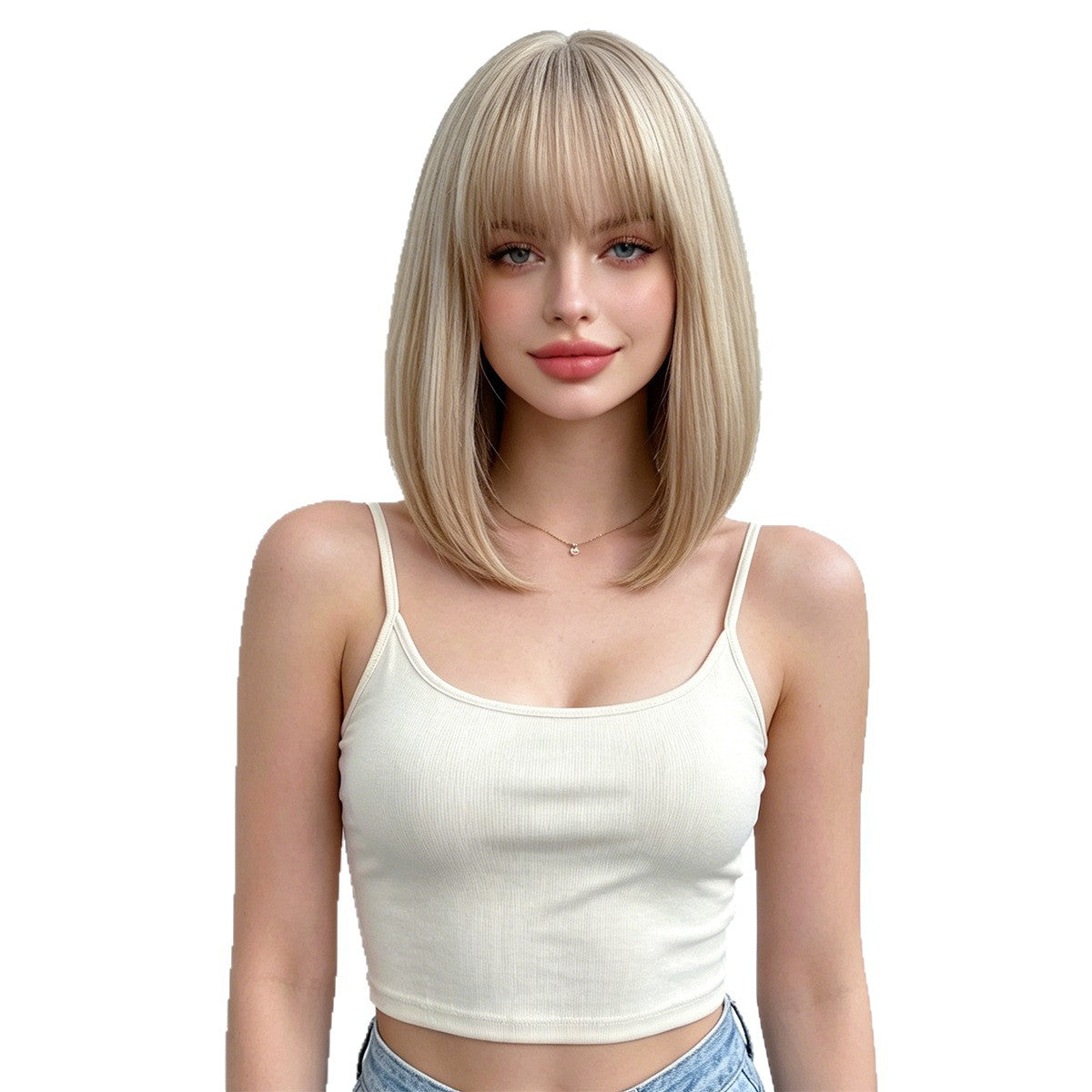 Female Bangs White Gold Color Head Wig Short Straight Hair