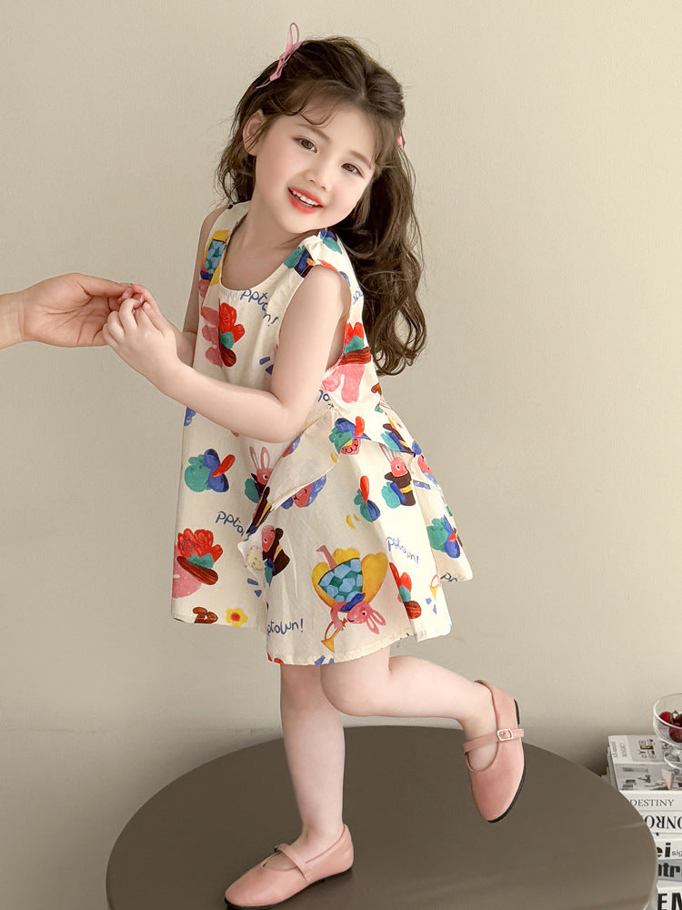 Children's Summer Vest Thin Sleeveless Bubble Ruffle Floral Children's Dress