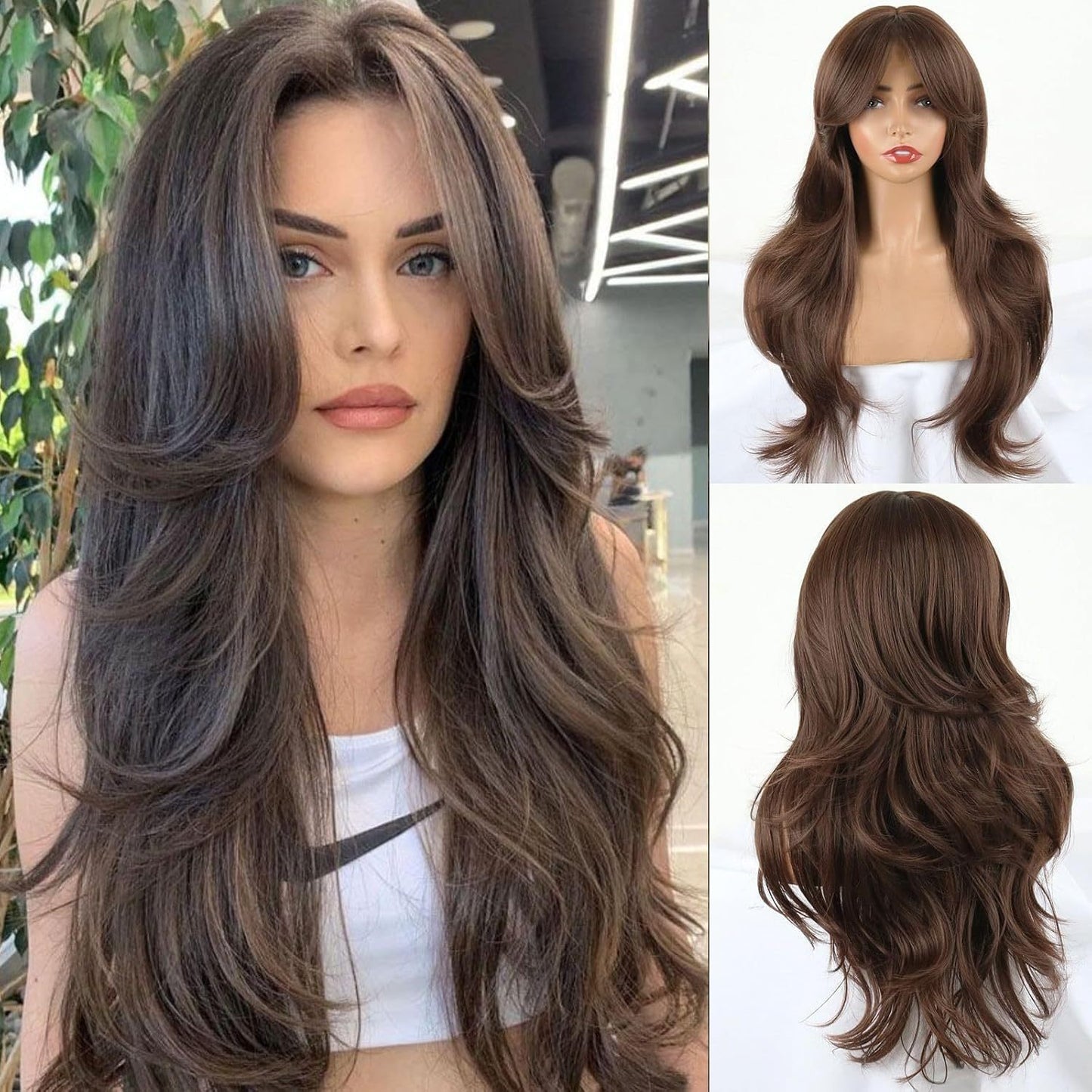 Women's Black Curly Hair Bangs Big Wave Head Wig Long Curls