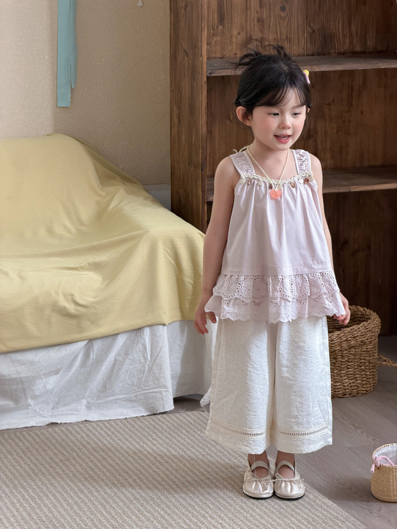 Women's Style Polka Dot Stitching Lace Cropped Straight Summer Loose Western Children's Pants