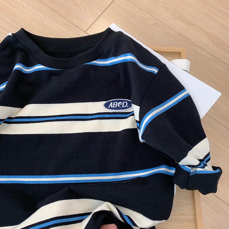 Children's Striped Contrast Color Fashionable T-shirt Long Sleeve Loose Casual Top Children's Shirt