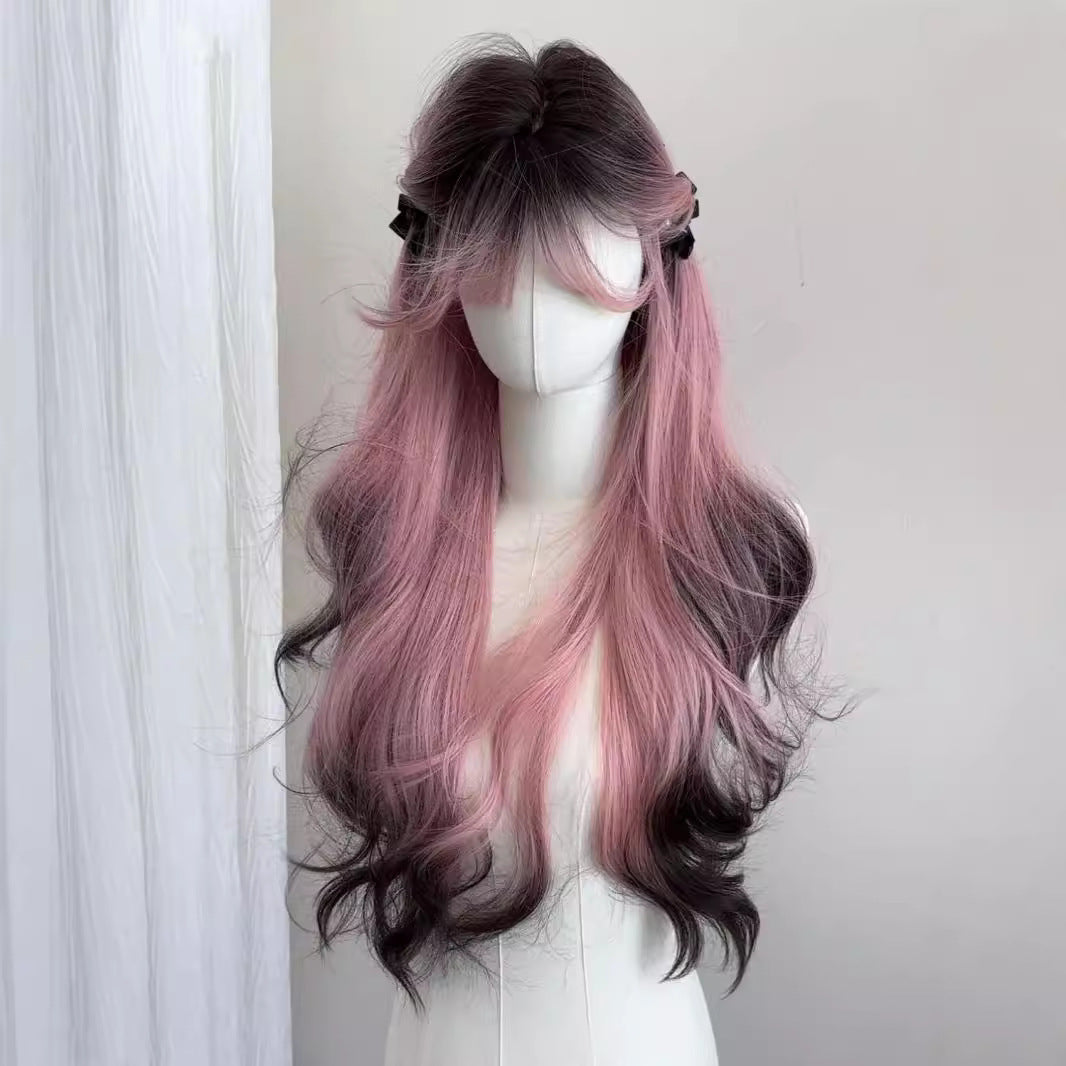 Pink Version Siamese Kitten Female Hair Gradient Black High Layered Wig Long Curls