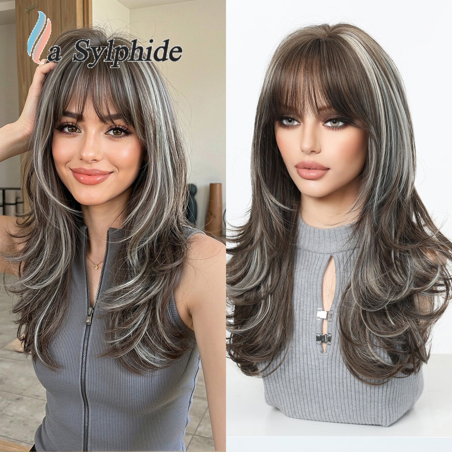 Female Brown Sier Gray Dyed Curly Hair Wig Long Curls