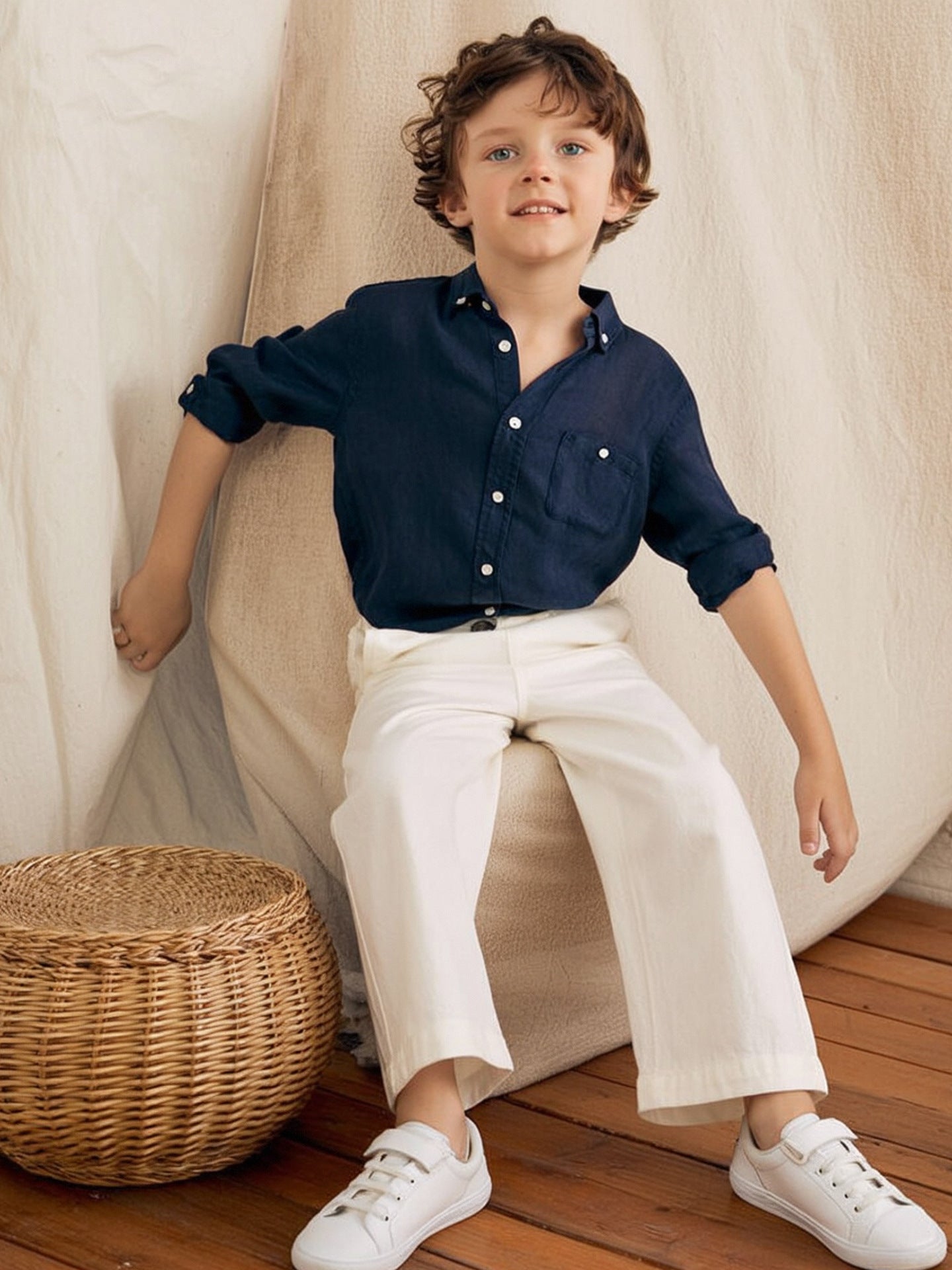 Children's Linen Boys Long Sleeve Polo Collar Top Dry Breathable College Children's Shirt