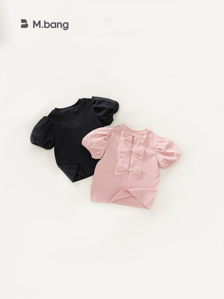 Children's Clothing Puff Sleeve Top Summer Sweet Solid Color Back Children's T-shirt