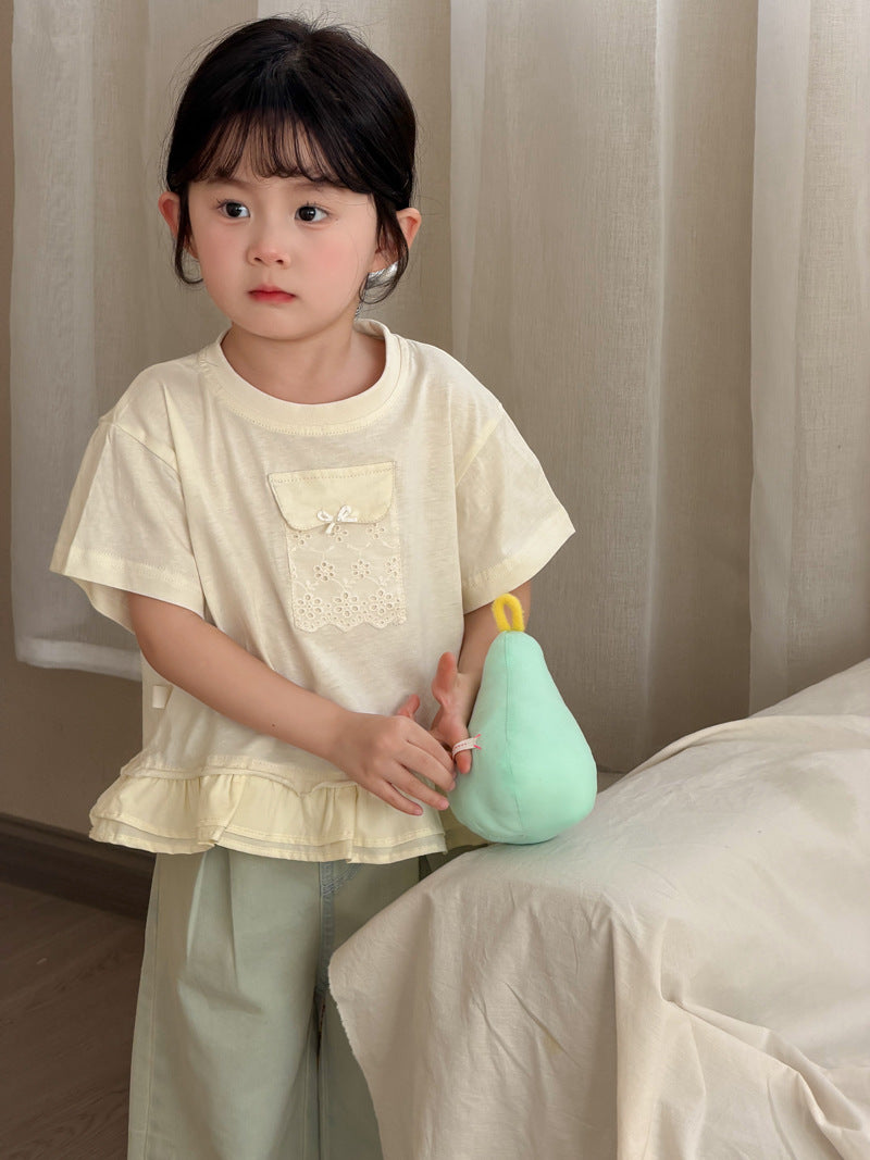 Children's Korean Ruffled Sweet Fresh Lace Pocket Short-sleeved Children's T-shirt