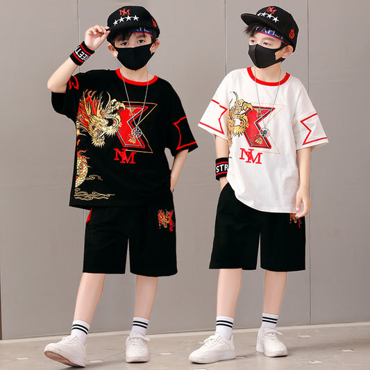 National Fashion Funky Casual Out Sports Korean Style T-shirt Two-piece Children's Suit