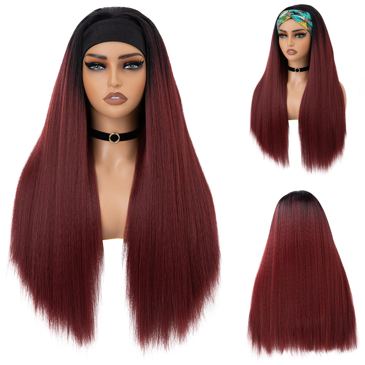 Popular Female Black Simulation Fluffy Headband Long Straight Wig