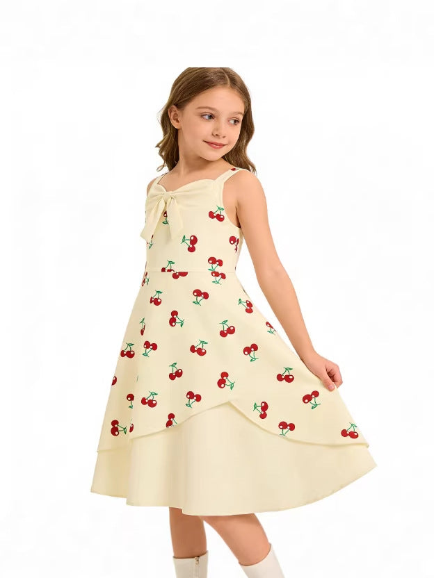 Children's Clothing Vintage Cherry Print Sweet Bow Irregular Strap Children's Dress