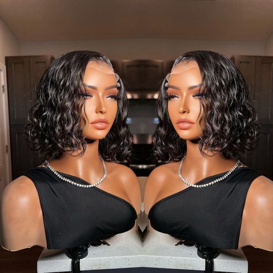 Frontal Human Double Drawn Water Wave Wig Short Curly Hair