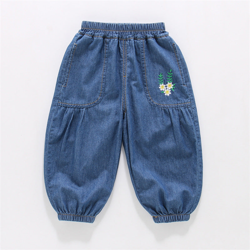 Children's Cotton Jeans Thin Summer Flower Embroidered Ankle Banded Children's Pants