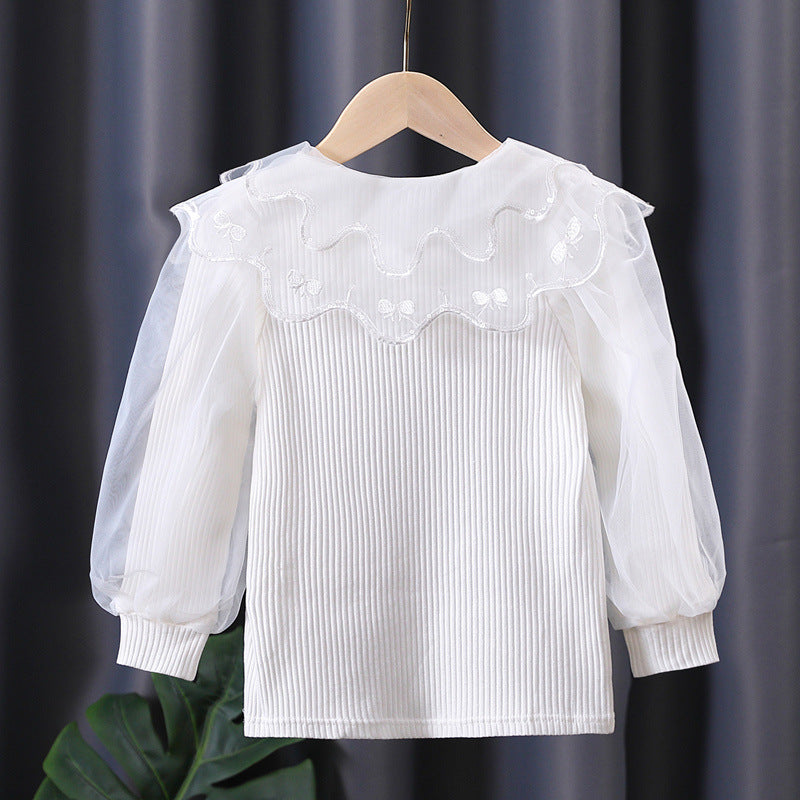 Children's Long-sleeved Pure Cotton White Doll Collar Lace Top Children's T-shirt