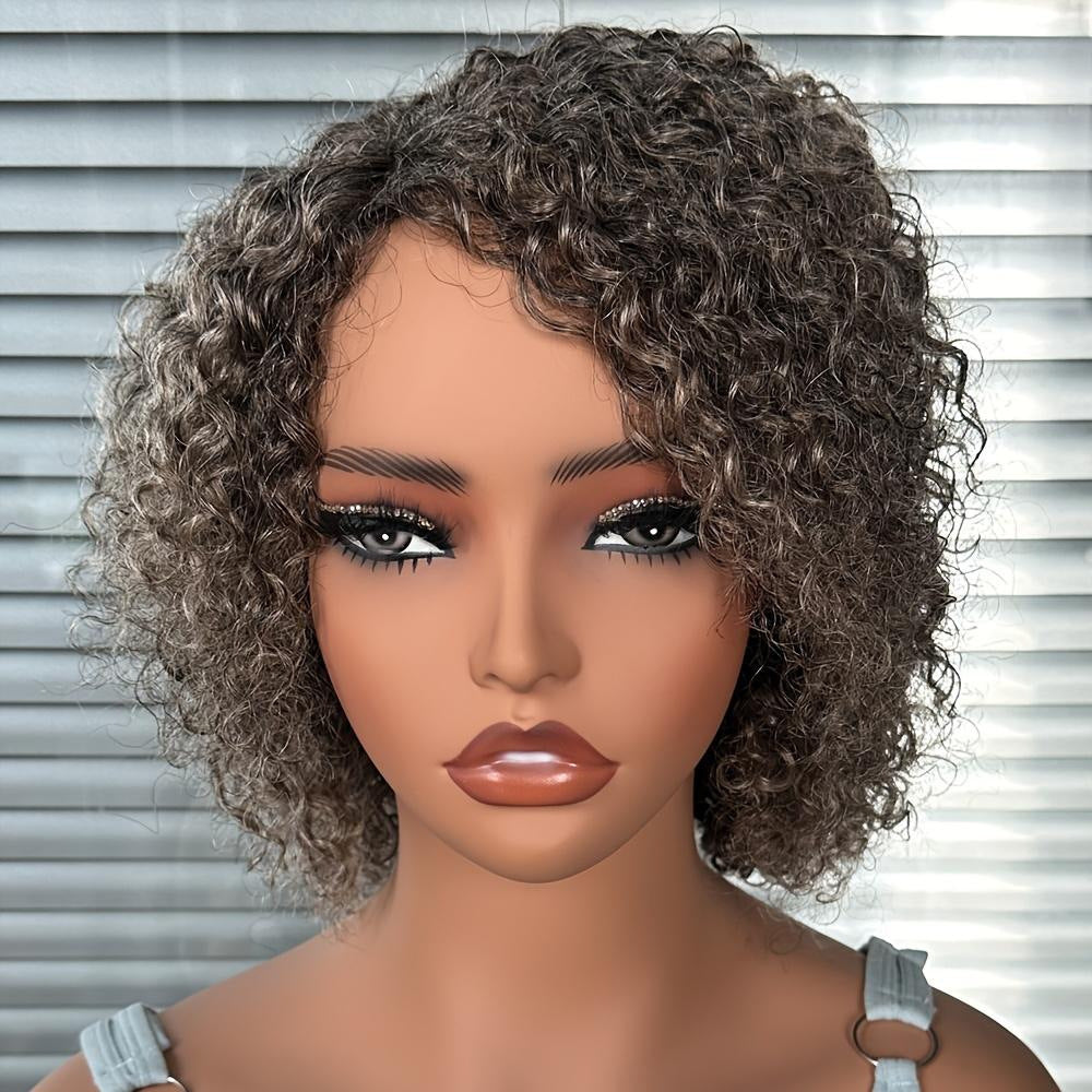 Women's African Gray Partial Front Lace Synthetic Wigs Hand Wrapped Small Wig Short Curly Hair