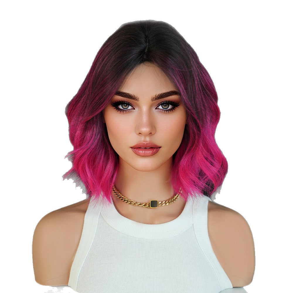 High Quality Gradient Short Curly Hair Medium Wave Mechanism Rose Wig Long Curls