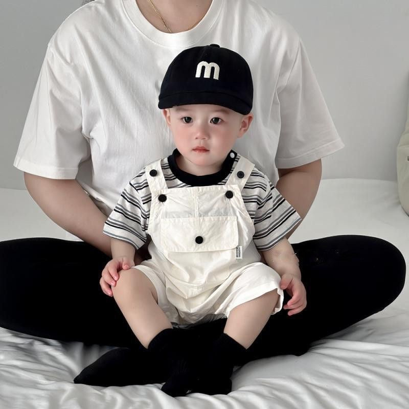 Boy Handsome Stripes Short Sleeve Suspender Pants Thin Korean Style Jumpsuit, Climbing Suit