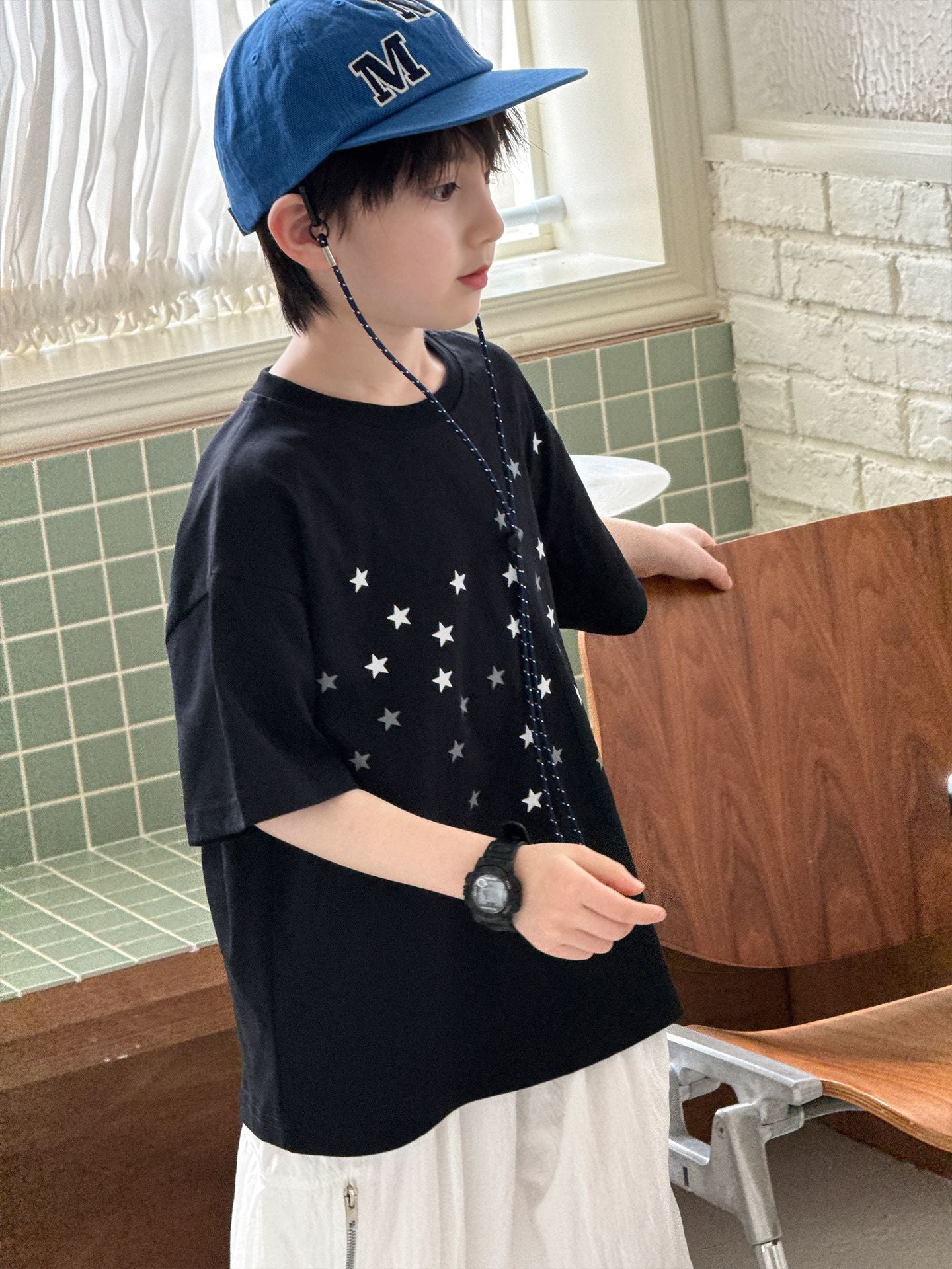 Children's Tops Printed Crew Neck Casual Boys Loose Breathable Short Sleeve Children's T-shirt