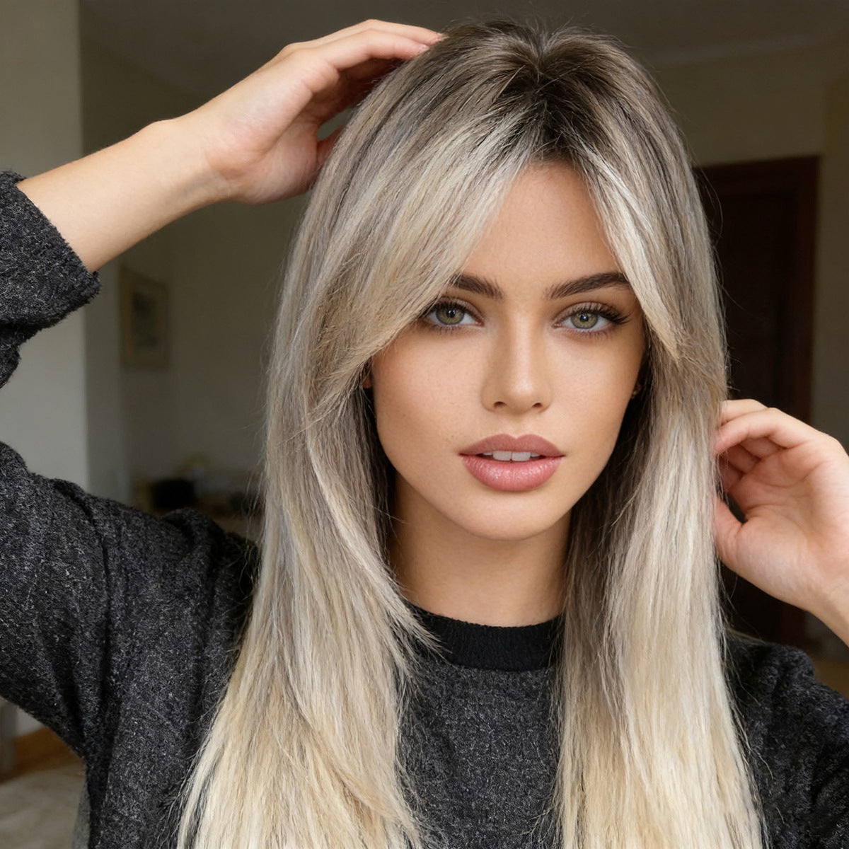 Women's Hair Temperament Mid-length Granny Grey Natural Long Straight Wig