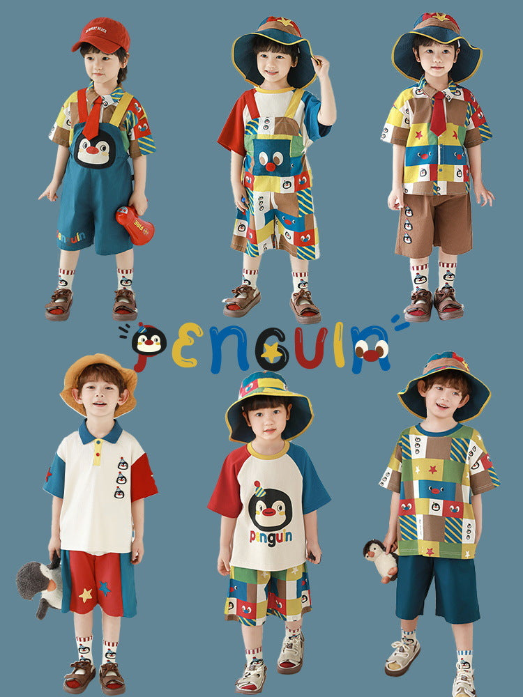 Short Sleeve T-shirt Blouse Loose-fitting Overalls Penguin Series Suit Children's Shirt