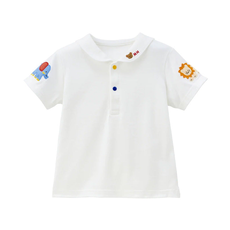 Cartoon Bear Color Letter Embroidery Sailor Collar Short Sleeve Long Children's Shirt