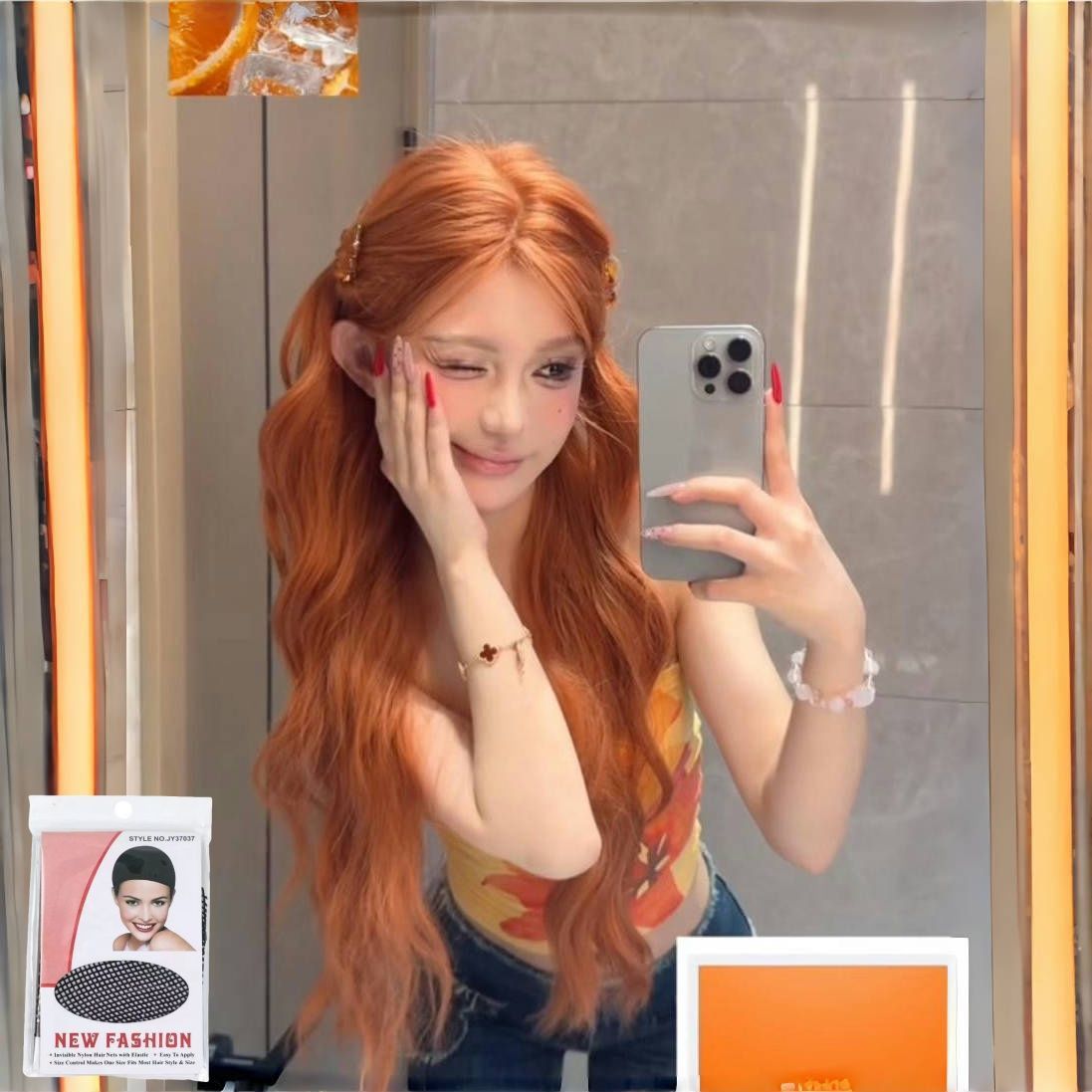 Women's Natural Orange Brown Curly Big Wave Wig Long Curls