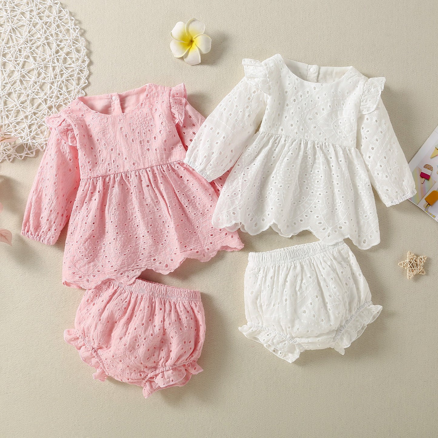 Summer Cotton Net Pink White Open Back Long Sleeve Skirt Children's Suit