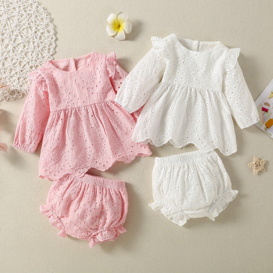 Summer Cotton Net Pink White Open Back Long Sleeve Skirt Children's Suit