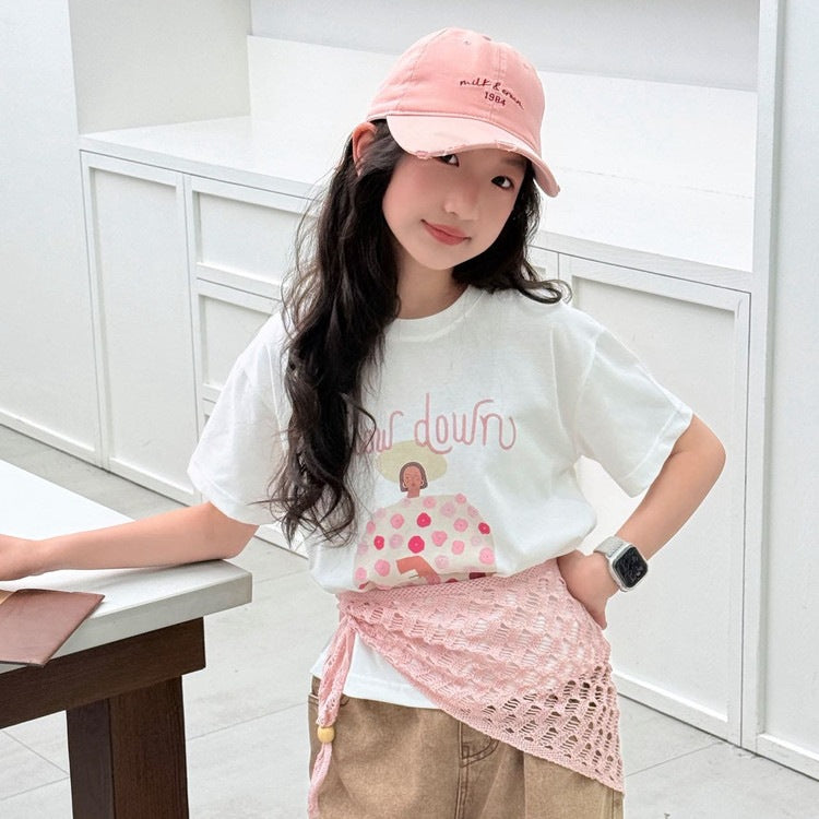 Summer Shawl Fake Two-piece Printed Fresh Casual Teens Tops Short Children's T-shirt