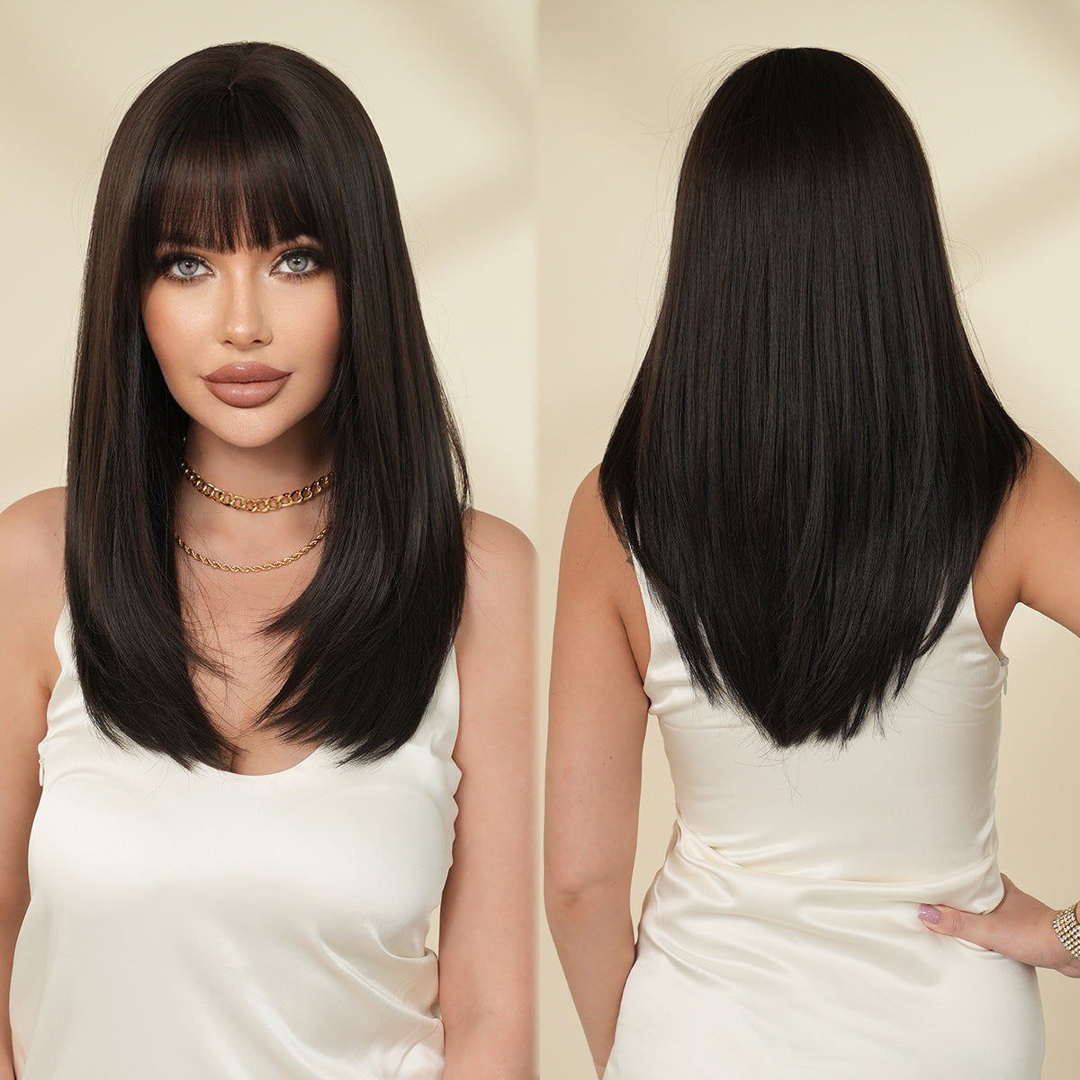 Quality Female Natural Black Layered Bangs Long Straight Wig