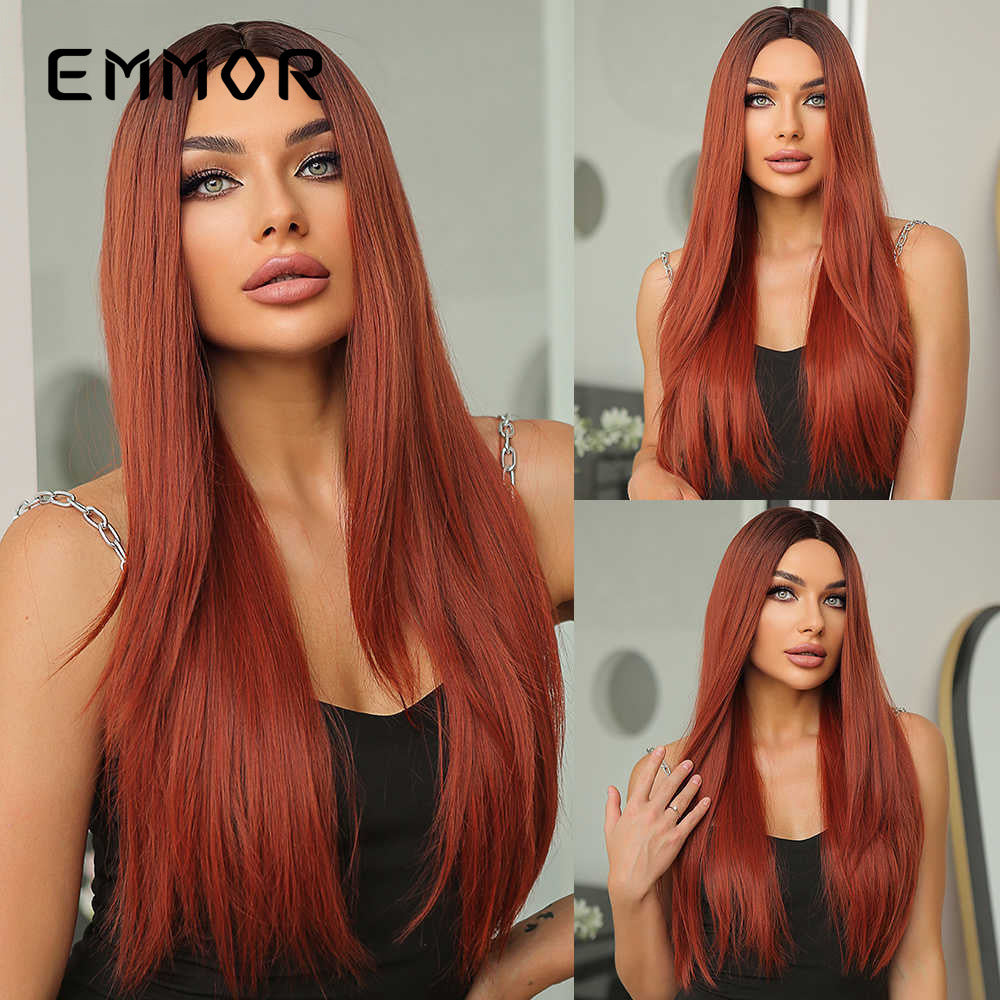 Points Without Bangs Golden Brown Highlight Natural Fashion Full Long Straight Wig